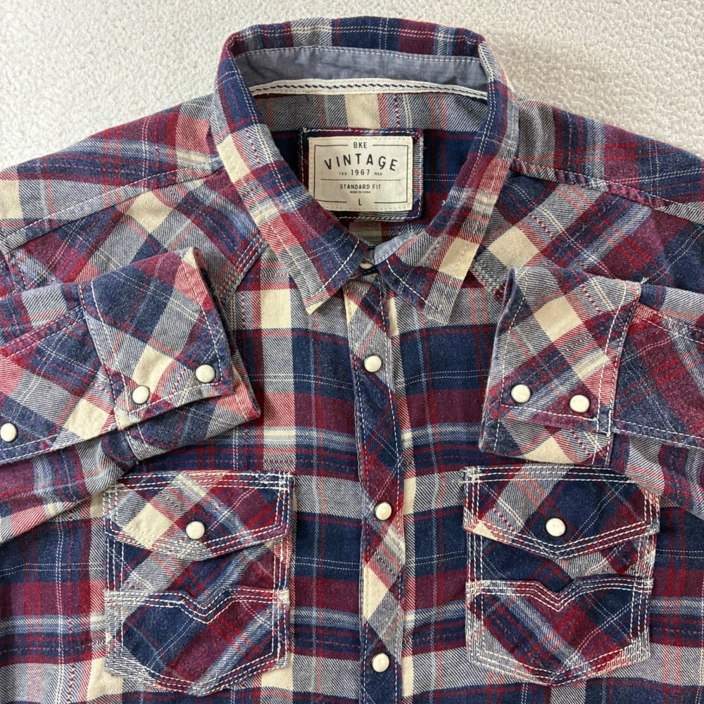 BKE Vintage Pearl Snap Flannel Shirt Mens Large Blue Red Plaid Western Rodeo Y2K